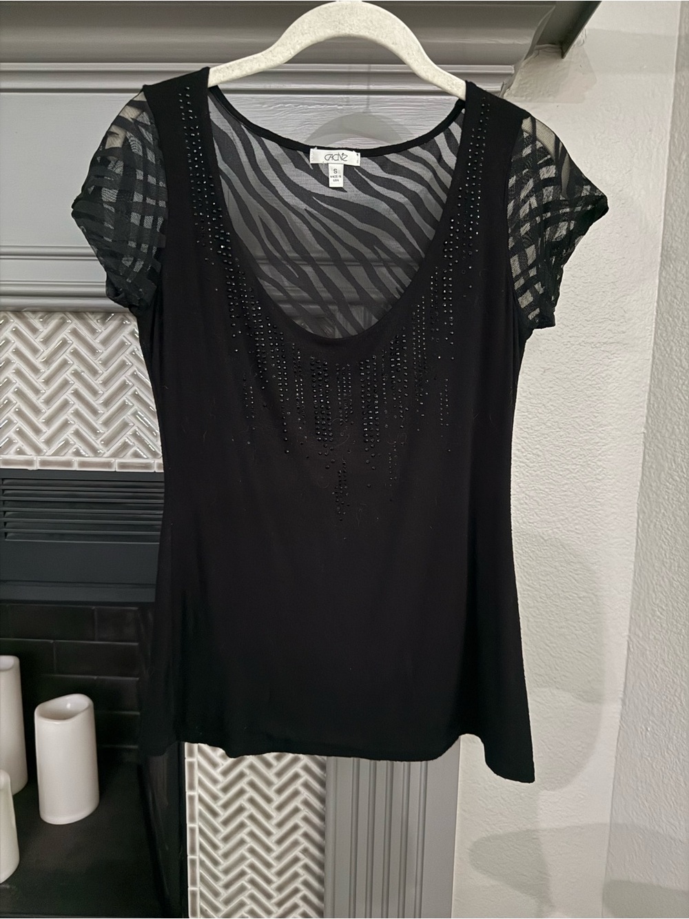 Cache Black Scoop Neck Tee with Sheer Zebra-Print Sleeves